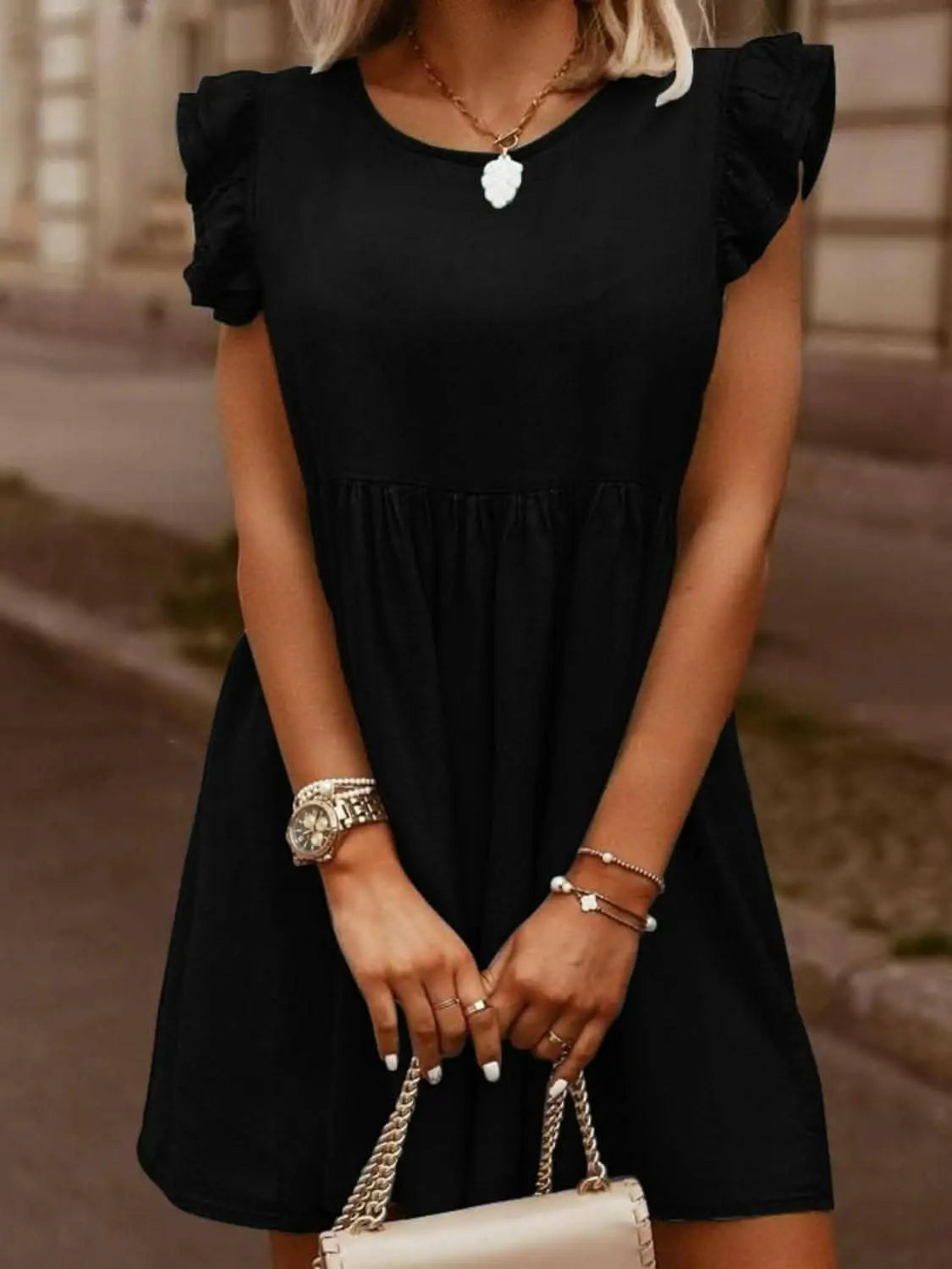 Chic ruffle denim dress, cap sleeves - Love Salve